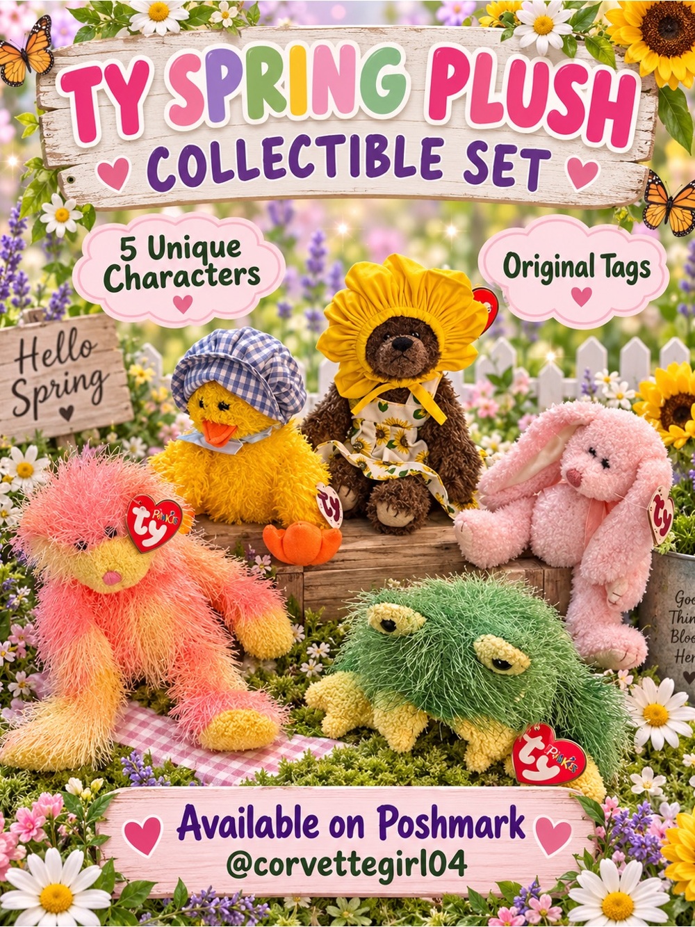 TY Spring Plush Collectible Set - Pink, Yellow, Green, Brown, Peach